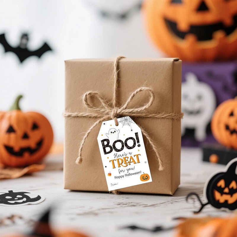 g2plus Happy Halloween Tags, 50PCS Boo Gift Tags with String, Ghost Pumpkin Trick or Treat Paper Hang Tags for DIY Crafts, Candy Treat Bags, Halloween Party Favors - Image 5